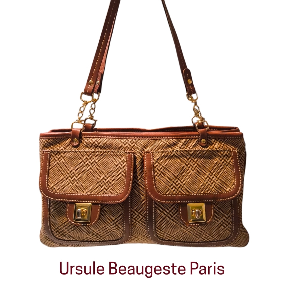 Vintage Ursule Beaugeste Paris Brown Plaid Handbag with 4 Turnlock Pockets